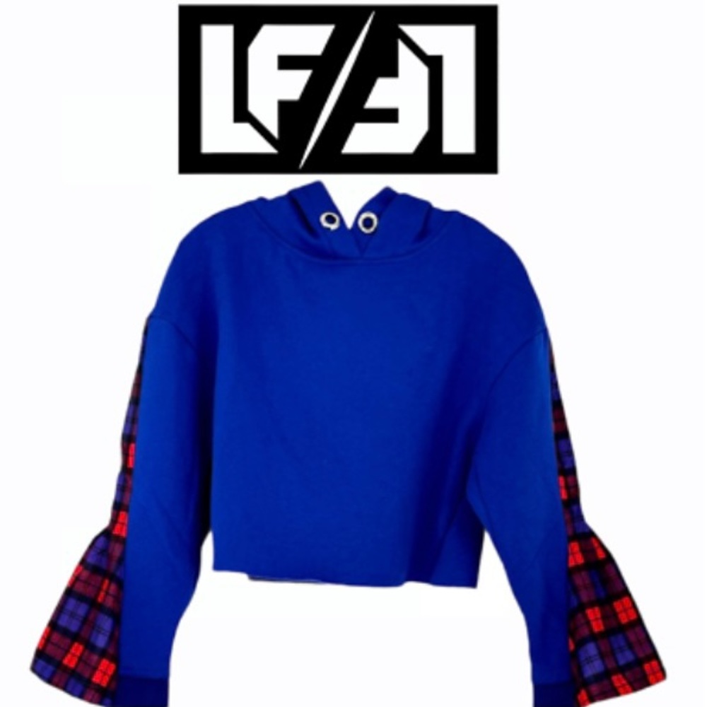 BSBW poly cotton Cropped sweat shirt hoodie plaid  flair Bell sleeves XS